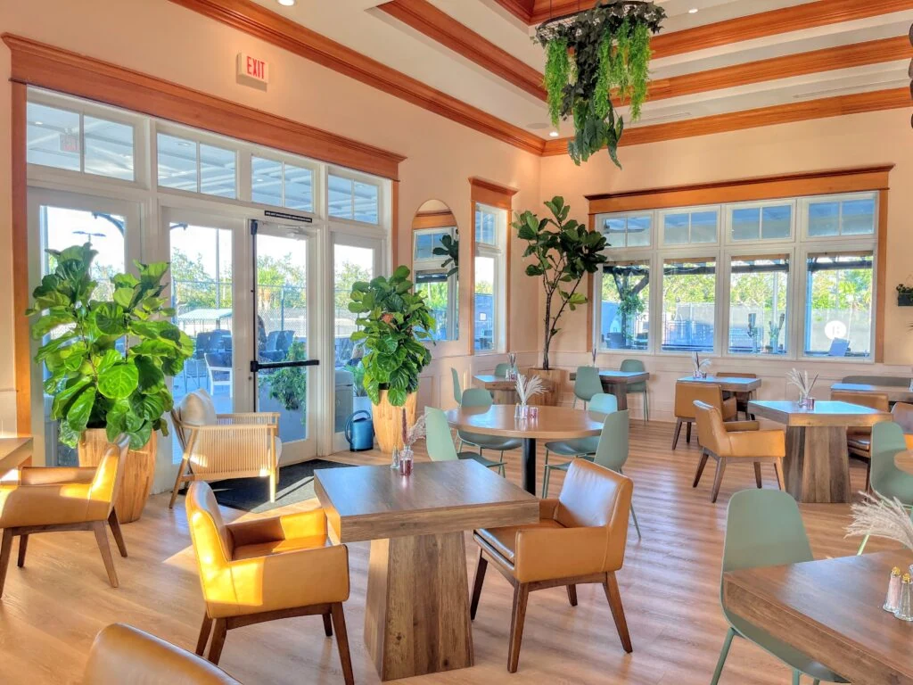 Bright indoor dining room at The Padel Grille